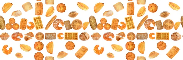 Προϊόντα Ψωμιού Χωρίς Ραφή Πρότυπο Απομονωμένο Λευκό Φόντο — Φωτογραφία Αρχείου
