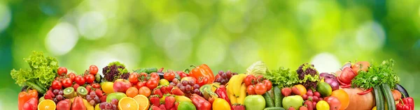 Collage Fresh Colored Vegetables Fruits Berries Green Background Healthy Food — ストック写真
