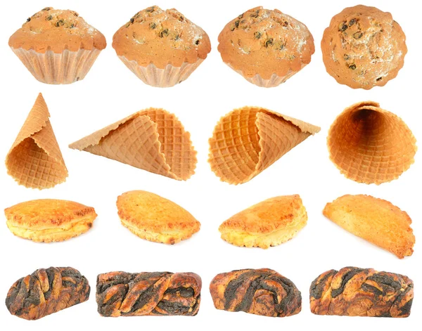 Beyaz Arkaplanda Izole Edilmiş Tatlı Ekmek Ürünleri Koleksiyonu — Stok fotoğraf