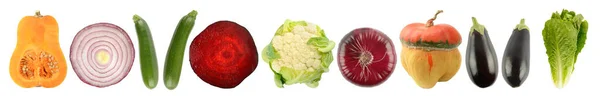 新鲜而明亮的水果和蔬菜排成一排 光线反射在白色的背景上 — 图库照片