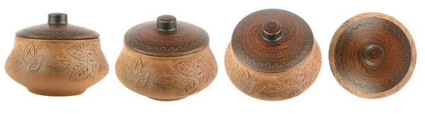 Coleção Vasos Cerâmica Bonita Com Tampa Diferentes Ângulos Isolados Fundo — Fotografia de Stock