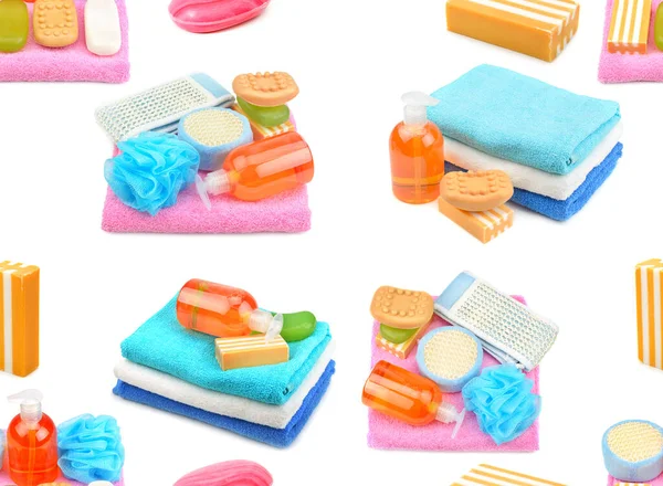 Schema Senza Soluzione Continuità Set Bagno Asciugamani Sapone Shampoo Isolato — Foto Stock