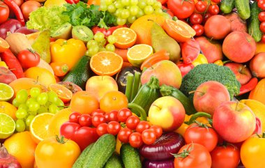 Çeşitli olgun meyve ve sebzeler. Yemek konsepti geçmişi. Üst Manzara. Boşluğu kopyala.