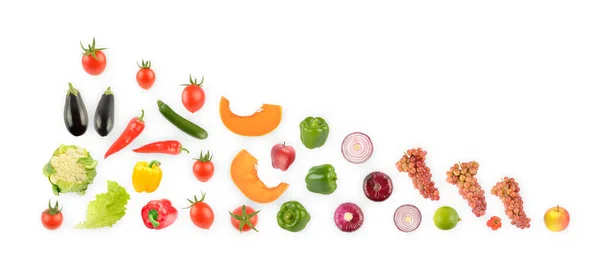 Fényes Gyümölcsök Zöldségek Fehér Háttérrel Szabad Hely Szövegnek — Stock Fotó