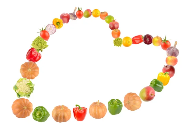 Variedade Frutas Legumes Dispostos Forma Coração Isolado Fundo Branco — Fotografia de Stock