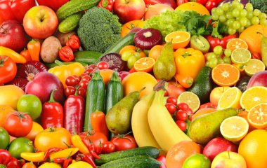 Çeşitli olgun meyve ve sebzeler. Yemek konsepti geçmişi. Üst Manzara. Boşluğu kopyala.