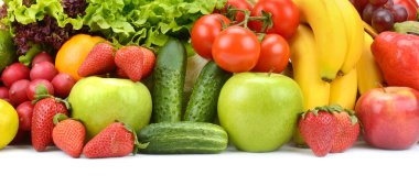 Projen için beyaz arka planda bulunan meyve ve sebze koleksiyonu. Boşluğu kopyala