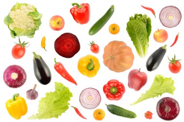 Big set falling vegetables and fruits isolated on white background.
