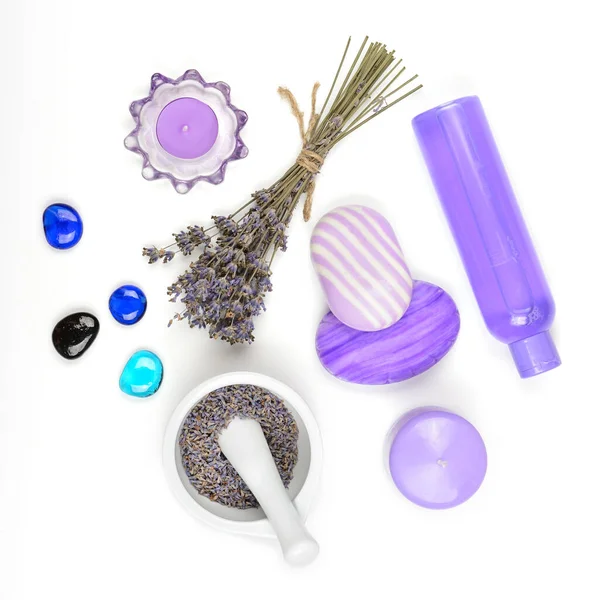 Trockene Kräuter Und Lavendelsamen Duftkerzen Seife Und Lavendelöl Auf Weißem — Stockfoto