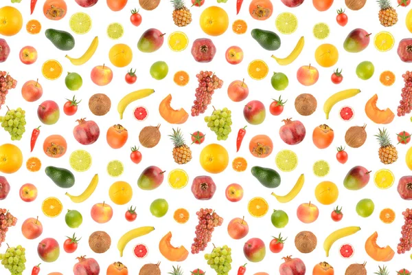 大的集合的水果和蔬菜在白色的背景上被隔离 无缝图案 — 图库照片
