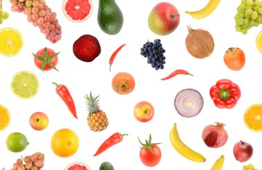 Meyve ve sebzesiz desen beyaz arkaplanda izole.