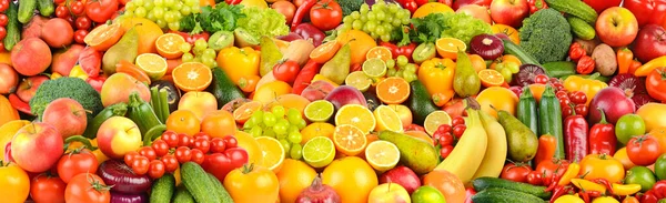新鮮な熟した果物や野菜を盛り合わせ 食品コンセプトの背景 最上階だ スペースのコピー — ストック写真