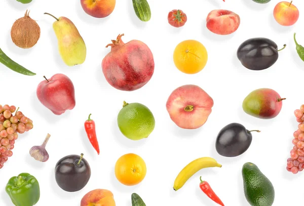 Bezešvé Vzor Jasné Chutné Ovoce Zelenina Lehkým Stínem Bílém Pozadí — Stock fotografie