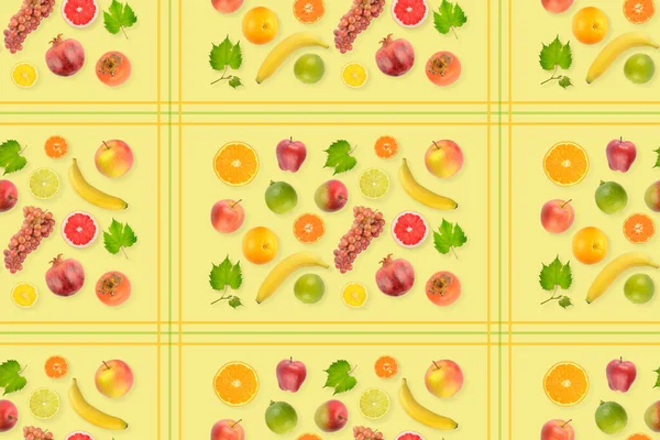 Seamless Pattern Bright Fresh Fruits Light Shadow Yellow Background — Stock Photo, Image