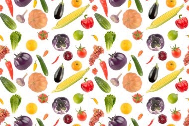 Beyaz arka planda izole meyveler ve sebzeler toplayın. Geniş, pürüzsüz desen.