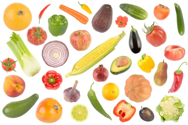 Krásný Vzor Čerstvé Ovoce Zelenina Izolované Bílém Pozadí — Stock fotografie