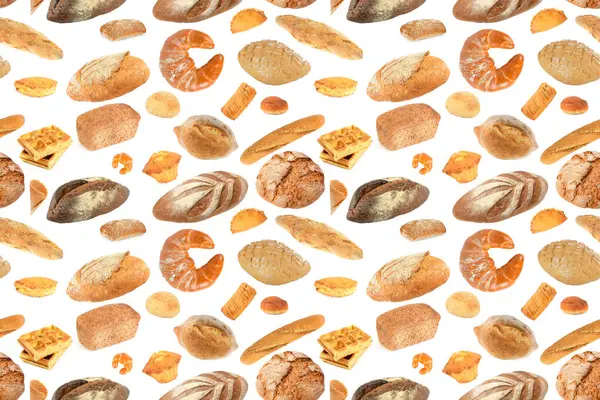 Ekmek ve tatlı şekerleme ile kusursuz desen beyaz arka planda izole.