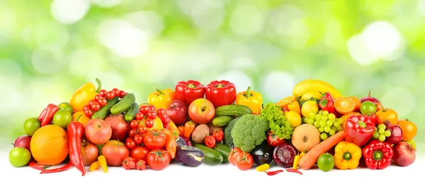 Large Collection Fruits Vegetables Berries Bright Green Background Stock Photo