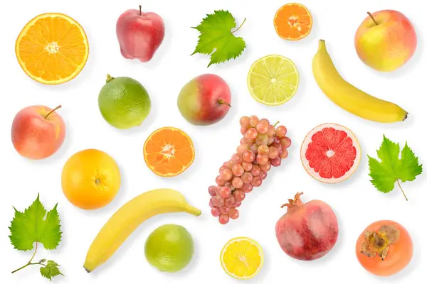 Conjunto Frutas Frescas Brillantes Con Sombra Clara Aislada Sobre Fondo Imagen de archivo