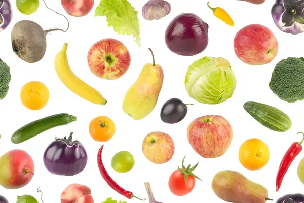 大的集合新鲜的水果和蔬菜在白色的背景上隔离 无缝图案 免版税图库图片