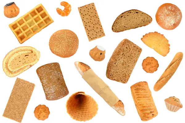 Brot Und Leckeres Süßes Gebäck Isoliert Auf Weißem Hintergrund Stockbild