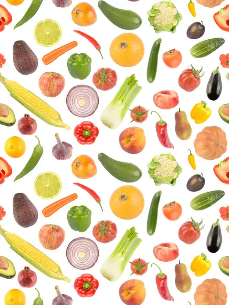 Padrão Sem Costura Vertical Frutas Legumes Frescos Isolados Fundo Branco Imagem De Stock