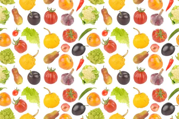 色泽鲜亮的开胃水果和蔬菜的白色背景 无缝图案 图库图片