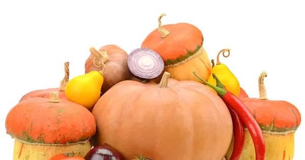 Zusammensetzung Verschiedener Kürbisse Und Anderer Gemüse Isoliert Auf Weißem Hintergrund Stockbild