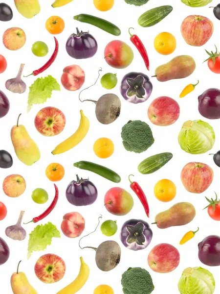 Stort Sæt Friske Frugter Grøntsager Isoleret Hvid Baggrund Problemfri Mønster Royaltyfrie stock-fotos