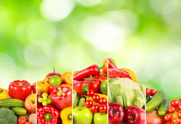 Collage Frutas Verduras Separadas Líneas Verticales Sobre Fondo Borroso Natural Fotos De Stock