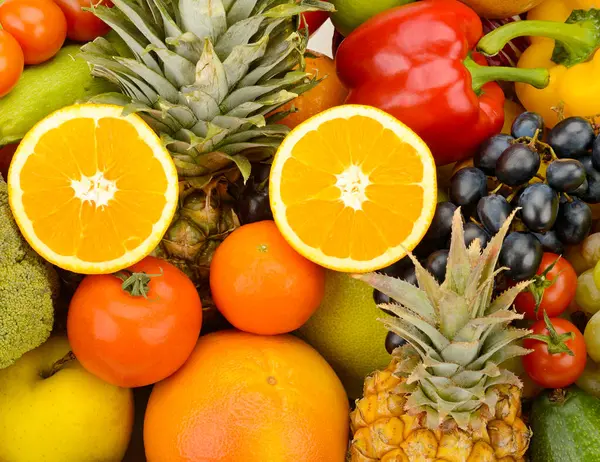 Diverse Verse Rijpe Groenten Fruit Voedsel Concept Achtergrond Bovenaanzicht Stockafbeelding