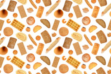 Ekmek ve lezzetli, beyaz arka planda izole edilmiş tatlı hamur işleri. Büyük, pürüzsüz desen.