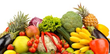 Projen için beyaz arka planda bulunan meyve ve sebze koleksiyonu. Boşluğu kopyala