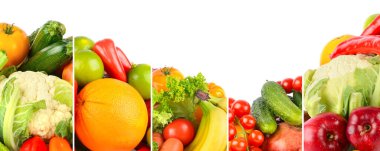 Wide panorama healthy fruits and vegetables separated by vertical lines on white background.