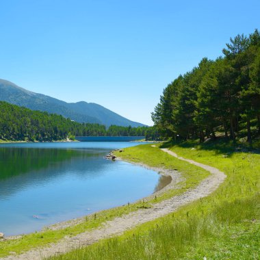 Sabahın erken saatlerinde Resimli bir gölün kıyısında.