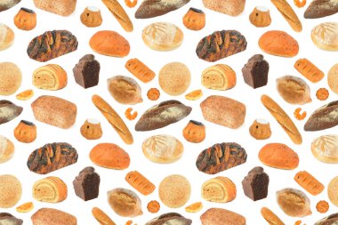 Beyaz zemin üzerinde izole edilmiş farklı türde undan yapılan lezzetli ekmek ürünlerinin kusursuz deseni.