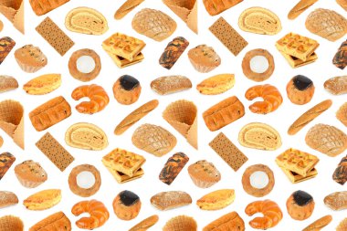 Beyaz arka planda izole edilmiş buğday ve çavdardan yapılmış çeşitli tatlı ekmek ürünleri..
