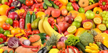 Meyve, meyve ve sebze çeşitleri. Yemek konsepti geçmişi. Üst görünüm.