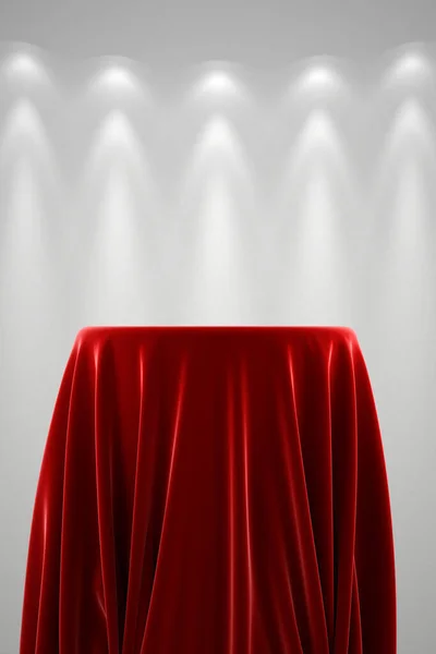 赤いベルベットの布と製品プレゼンテーションのための自然な折り目を持つエレガントなディスプレイ表彰台 スポットライト付きライトグレーの背景 フォトリアリスティック3Dレンダリングイラスト — ストック写真