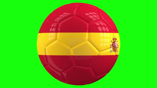 非常现实的孤立旋转足球与西班牙国旗在绿色屏幕的背景前加上阿尔法垫 以方便隔离 无缝循环3D动画 — 图库视频影像