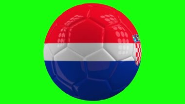 Üzerinde Hırvatistan 'ın bayrağı olan çok gerçekçi, izole edilmiş bir dönen futbol topu yeşil ekran arka planı ve kolay izolasyon için alfa matte. Kusursuz döngü 3 boyutlu canlandırma.