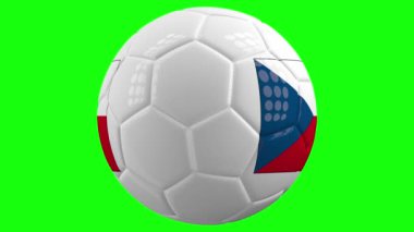 Üzerinde Çek Cumhuriyeti bayrağı olan çok gerçekçi, izole edilmiş dönen bir futbol topu yeşil ekran arka planı ve kolay izolasyon için alfa mat. Kusursuz döngü 3 boyutlu canlandırma.