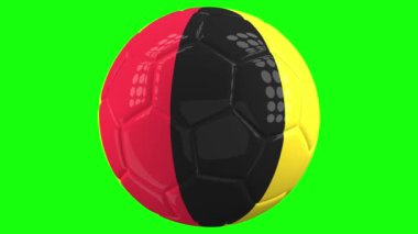 Üzerinde Belçika bayrağı olan çok gerçekçi, izole edilmiş dönen bir futbol topu yeşil ekran arka planı ve kolay izolasyon için alfa matte. Kusursuz döngü 3 boyutlu canlandırma.