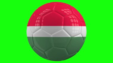 Üzerinde Macaristan bayrağı olan çok gerçekçi, izole edilmiş dönen bir futbol topu yeşil ekran arka planı ve kolay izolasyon için alfa matte. Kusursuz döngü 3 boyutlu canlandırma.