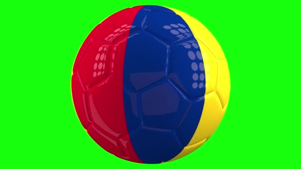 Zeer Realistische Geïsoleerde Spinnende Voetbal Bal Met Vlag Van Roemenië — Stockvideo