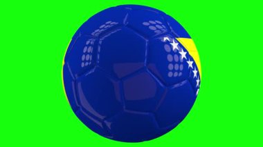 Üzerinde Bosna-Hersek bayrağı olan çok gerçekçi bir izole edilmiş dönen futbol topu yeşil ekran arkaplanı ve kolay izolasyon için alfa mat önünde. Kusursuz döngü 3 boyutlu canlandırma.
