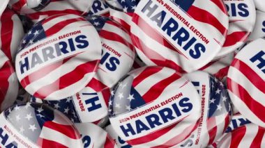 Washington DC, ABD - 05.08.2024: 2024 ABD Başkanlık Seçimi Harris 3D animasyon POTUS Seçim Düğmeleri. Kamyon vuruşu.