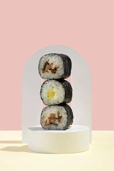 Asian Culture Japanese Hosomaki Sushi Rolls Eel Pink Yellow Background — Stock Photo, Image