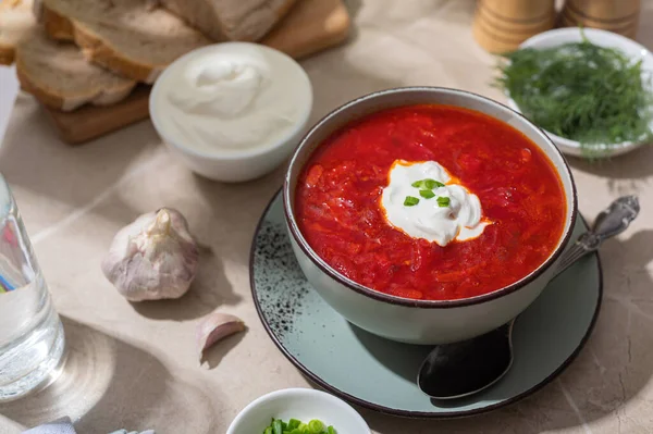 stock image Ukrainian red borscht. Traditional Ukrainian soup. Lunch outdoors in the summer. Healthy food, family traditions.