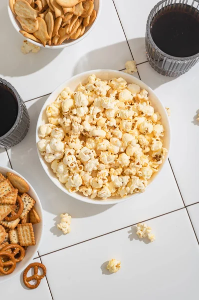 Homemade Goodies Fast Food Bowl Popcorn Crackers Cookies White Table — Foto Stock